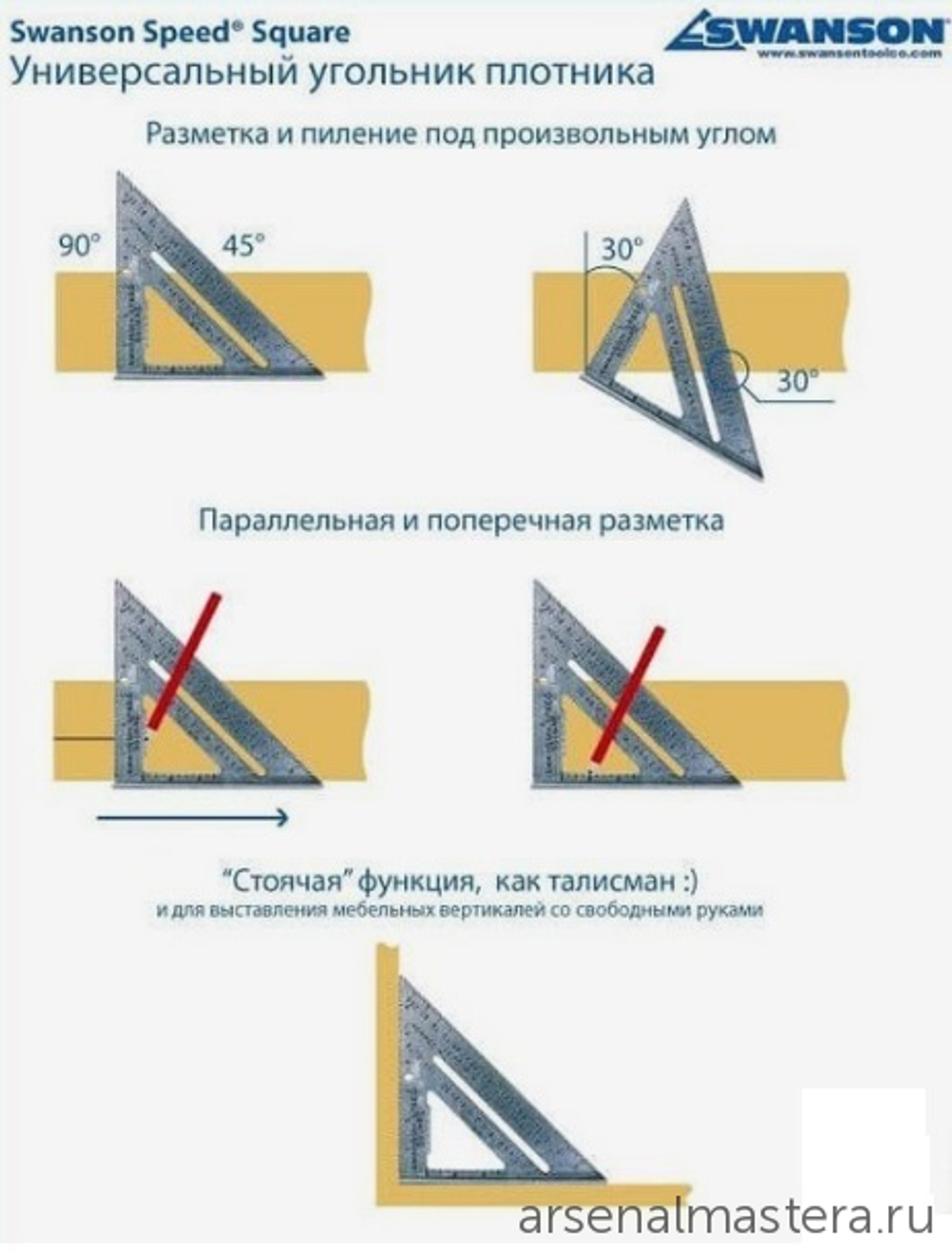 ХИТ! Угольник оригинальный метрический 250 мм для плотника и столяра Speed Square Sw-250 с русской книжкой - инструкцией Swanson (Свенсон) EU202/RU202