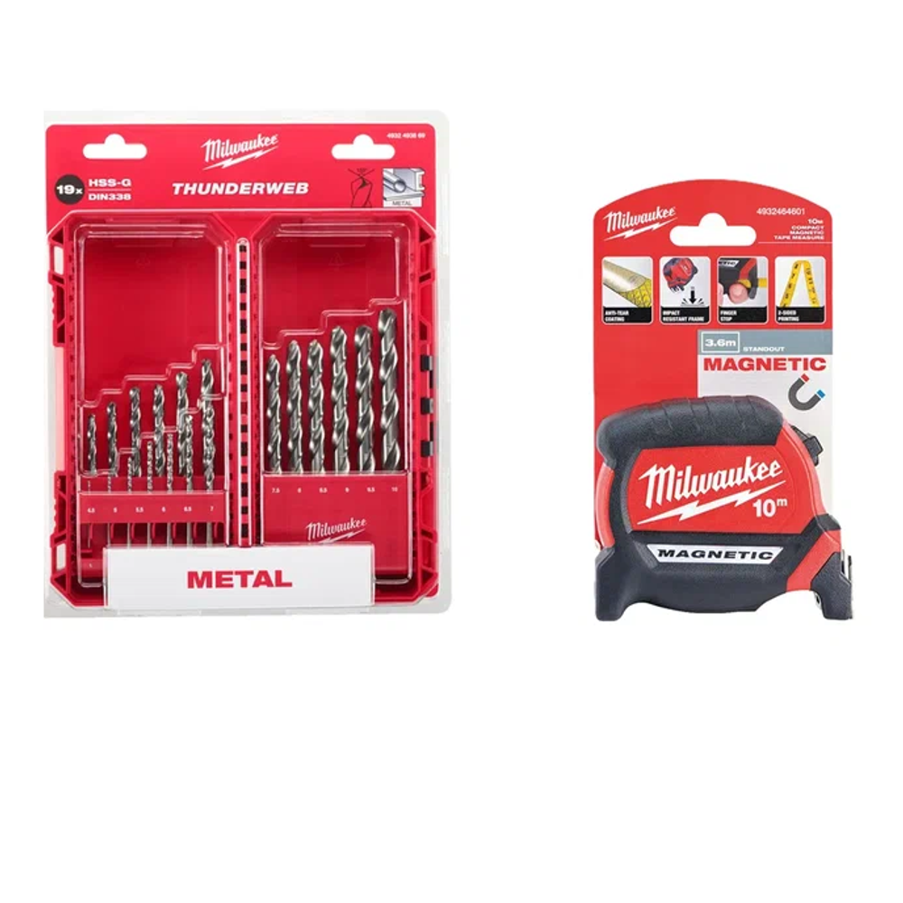 АКЦИЯ 2025 ЗИМНИЕ ПОДАРКИ! КОМПЛЕКТ с Рулеткой магнитной 10 м / 27 мм GEN III 4932464601 по цене Набора сверл по металлу 19 ед. 1 - 10 мм THUNDERWEB HSS-G GEN III 4932493869 MILWAUKEE ACC2511004