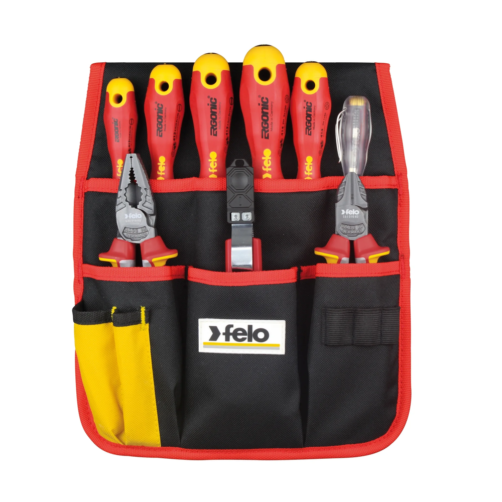 Новинка! Набор электрика Felo 9 предметов Диэлектрические отвертки Ergonic SL и РН, диэлектрические пассатижи 180 мм, бокорезы 160 мм, нож для снятия изоляции, отвертка тестер сети, в сумке 41399504