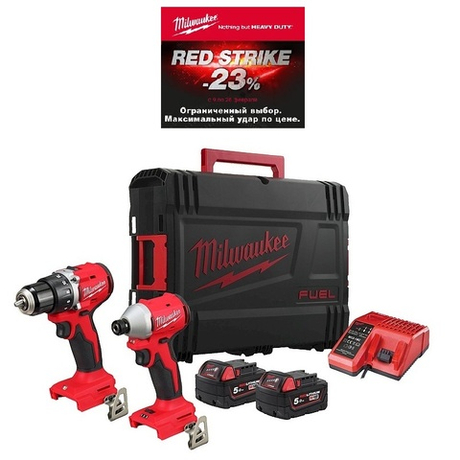 АКЦИЯ RED STRIKE -23%! КОМПЛЕКТ аккумуляторный M18 BLCPP2B-502C Набор инструментов дрель - шуруповерт BLDDRC-0, винтоверт BLIDRC-0, 2 шт аккумулятора B5, зарядное устройство M12-18C в кейсе Milwaukee 4933492837