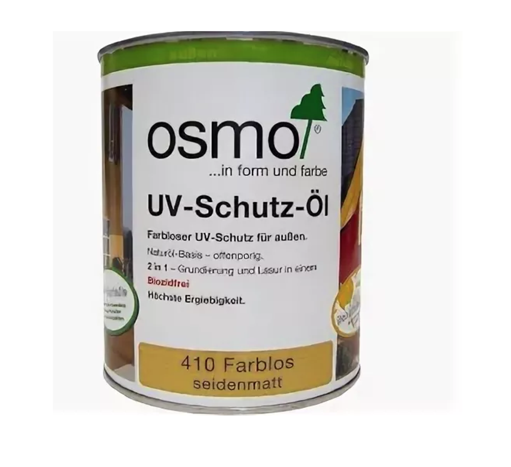 Защитное масло с УФ-фильтром Osmo 410  Бесцветное шелковисто-матовое без биоцидов 0,75 л с защитой от УФ-лучей, против роста синей гнили, плесени, грибков UV-Schutz-Ol для наружных работ Osmo-410-0,75 11600021