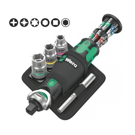 Новинка! Набор 18 предметов ГОЛОВКИ и БИТЫ с трещоткой, Универсальный держатель, удлинитель 8009 Zyklop Pocket Set 2 WERA WE-004281