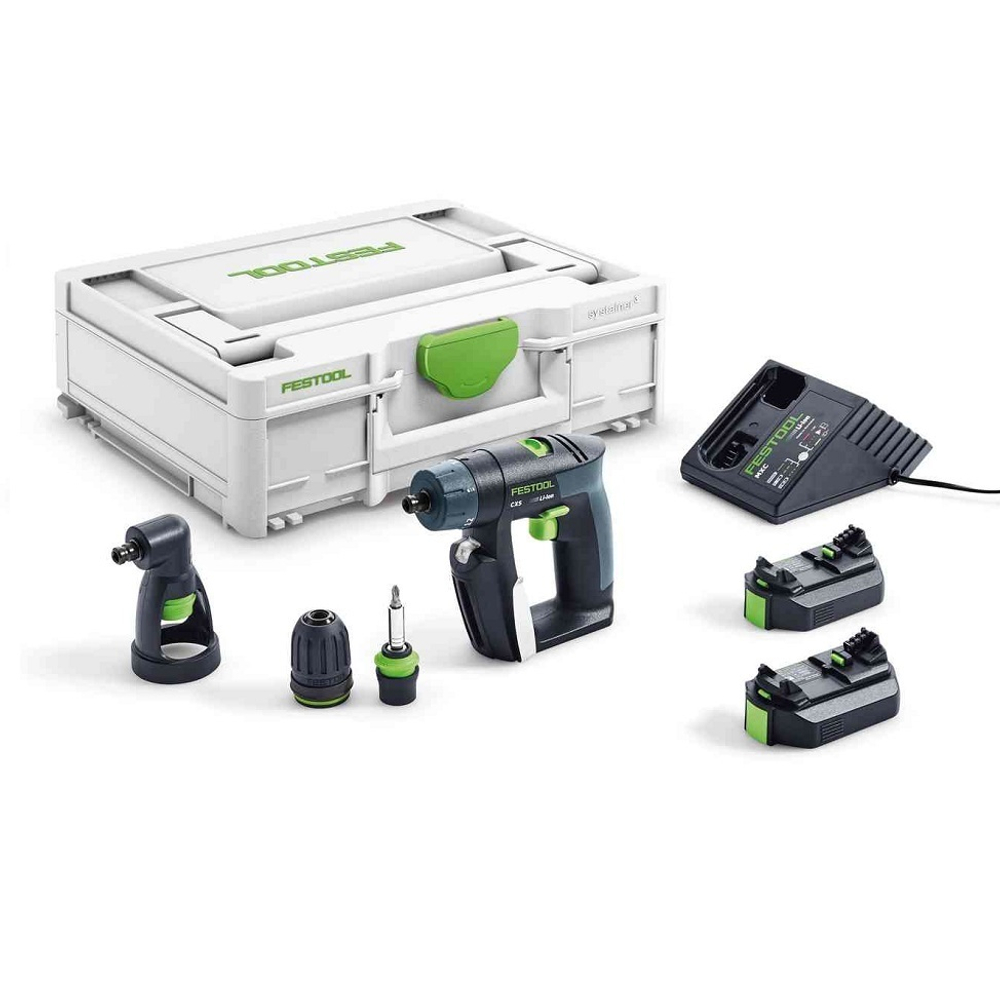 ХИТ! Аккумуляторная дрель-шуруповёрт FESTOOL CXS 10,8 В 2,6-Set с 2 шт Аккумуляторами, Устройством быстрозарядным ПЛЮС Насадка угловая 576093