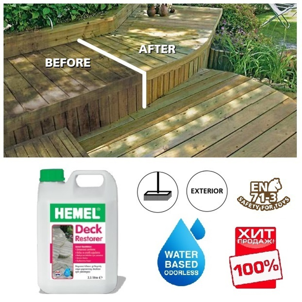 ХИТ! Очиститель для террас для наружных работ Deck Restorer Бесцветный 2,5 л, для восстановления посеревшей обветренной древесины террас и садовой мебели без шлифования 8000H HEMEL 10813