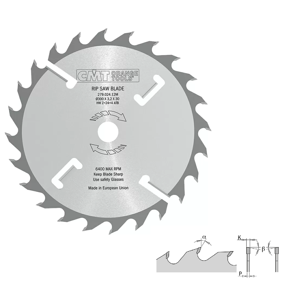 Новинка! Диск пильный CMT 300 x 70 x 3,2 / 2,2 18 гр. 10 гр. ATB Z 24 /4, продольное пиление, для многопильных станков с подрезными ножами 279.024.12V