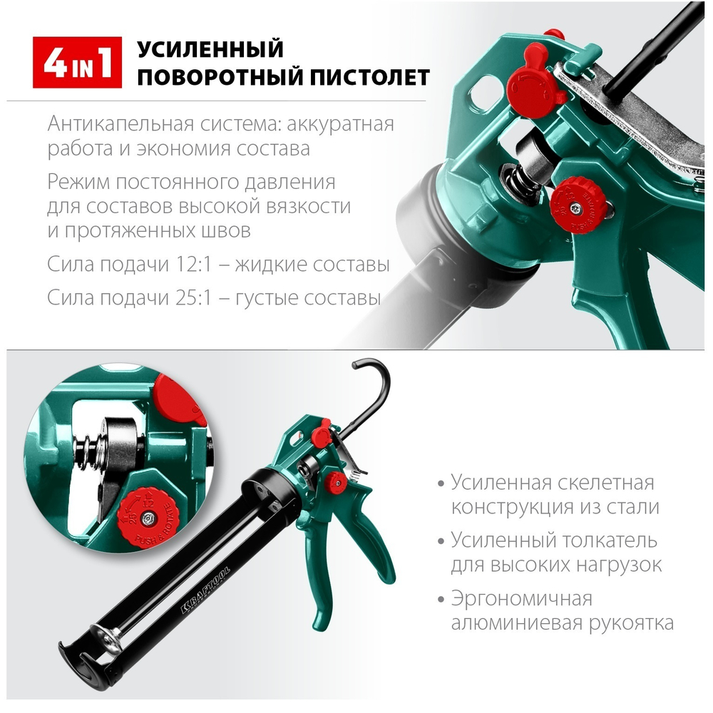 2025 ЦЕНЫ НИЖЕ! Скелетный поворотный пистолет для герметика, клея Professional 4-in-1 310 мл KRAFTOOL 06675