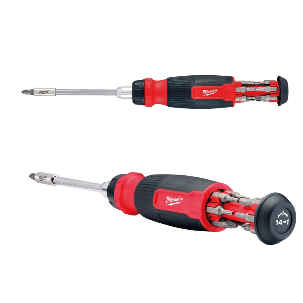 АКЦИЯ ФОКУС-ПЛЮС! Отвертка универсальная Milwaukee с трещоткой со сменными вставками 14 в 1 PH/PZ/TX/HEX/SL 4932480582