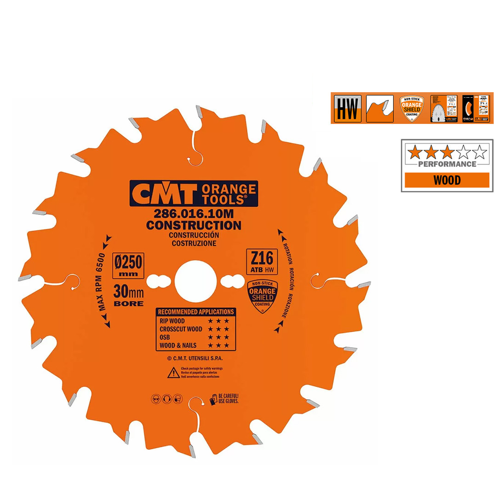 Новинка! Диск пильный универсальный CMT 250 x 30 x 2,8/1,8 15° 5° ATB Z=16 для пиления древесины на стройплощадке 286.016.10M