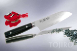 Шеф Нож японский кухонный Сантоку Kanetsugu Saiun Damascus длина лезвия 170 мм сталь VG-10 33 слоя, рукоять микарта, заточка 10000 Tojiro 9003