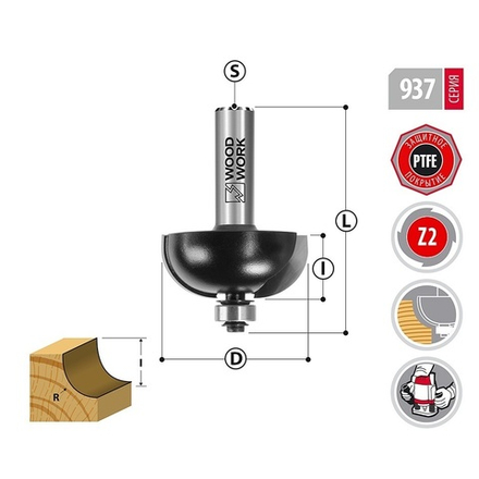 Фреза галтельная с подшипником D 38,1 I 14 L 56 R 9,5 S 8 мм Woodwork 937.1014.08