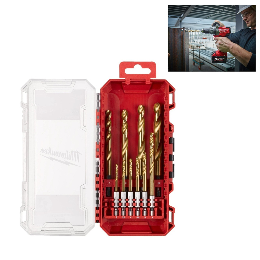 ХИТ! Набор сверл по металлу 10 единиц RED HEX - SHOCKWAVE HSS-TiN Shockwave HSS-G Tin Red Hex Set - 10 pc MILWAUKEE 4932493865