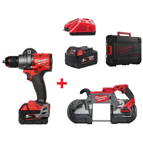 Комплект : Аккумуляторная дрель - шуруповерт M18 FUEL FDD3-502X с 2 аккумуляторами и зарядным устройством 4933479863 и Ленточная пила по металлу M18 FUEL CBS125-0 4933447150 MILWAUKEE N060-2AM
