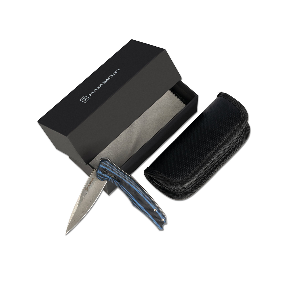 Новинка! Нож японский складной Tojiro Hatamoto, дамасская сталь VG-10 76 слоев, 1000 грит, рукоять Blue and Black G10, клинок 87 мм HFK-2460