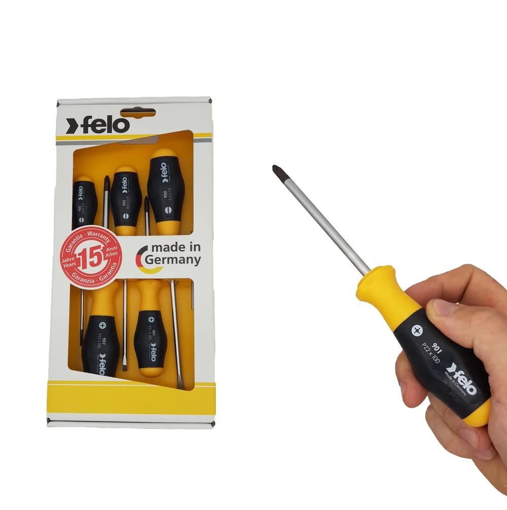 Новинка! Набор отверток 5 шт. Felo SL/PZ, 2-х компонентная рукоятка, SL 3x80, SL 4x100, SL 5,5x125, PZ 1 x 80, PZ 2 x 100 90095148