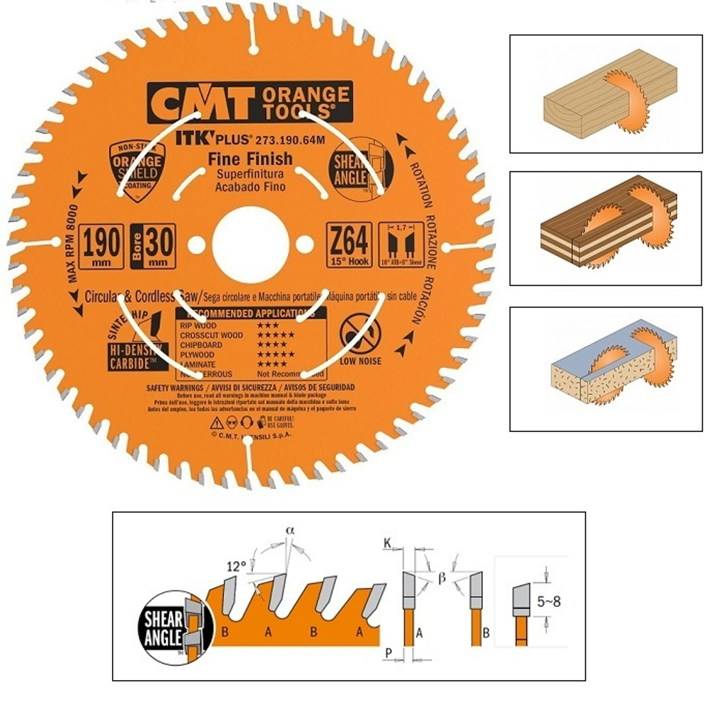 ХИТ! Пильный диск 190 x 30 +20 +16 x 1,7 / 1,1 15гр 10гр ATB + 8гр SHEAR Z64 универсальный CMT 273.190.64M