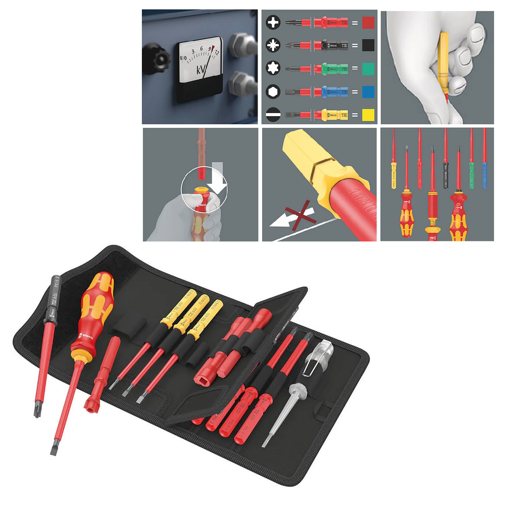 АКЦИЯ 2025! Набор 18 предметов WERA Kraftform Kompakt VDE 18 Universal 1 Tool Finder: Ручка-держатель 817 VDE Kraftform, 12 сменных отвёрток VDE с идентификатором инструментов Take it easy, лазерная гравировка размера, 4 ключа для распределительных шкафов, 1 однополюсный тестер фазного напряжения, в поясной сумке WE-006613