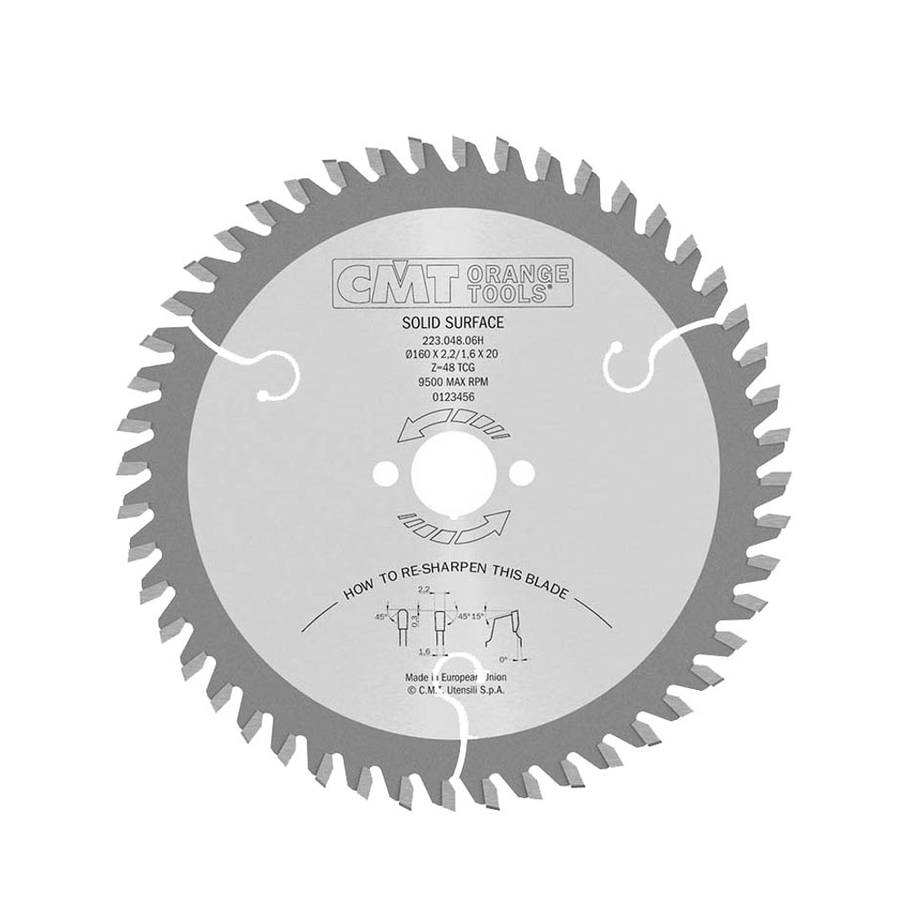Новинка! Пильный диск для искусственного камня CMT Corian 160 x 2.2/1.6 x 20 Z=48 MTCG, великолепен для работ по толстому пластику 223.048.06H