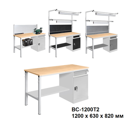 Новинка! Верстак металлический для столярных и слесарных работ Gresson ВС-Т2 1200 х 630 х 820 мм с одной тумбой ТС-2, нижней полкой, столешница фанера толщина 21 мм ВС-1200Т2