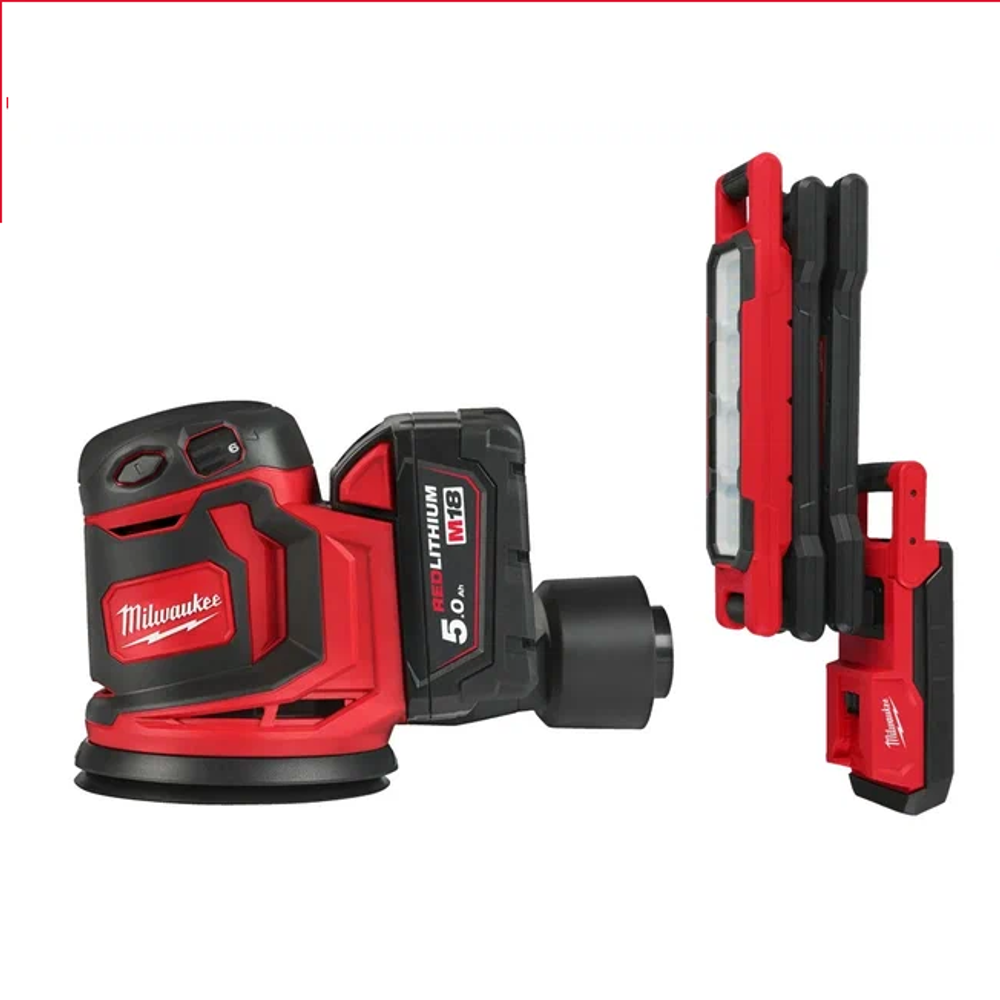 АКЦИЯ ОСЕНЬ 2025 Инструмент в подарок! Комплект: Аккумуляторный Шлифовальная машина M18 BOS125-502B с 2 аккумуляторами, быстрозарядным устройством 4933464229 и Фонарь светодиодный M18 ABL-0 4933498147 MILWAUKEE N072-2AM / PT2509012