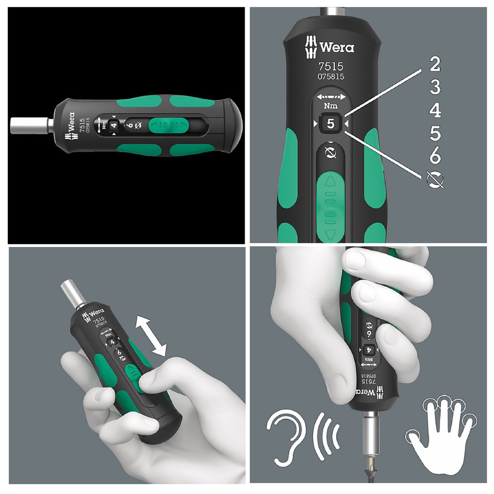 АКЦИЯ 2025! Динамометрическая отвертка WERA Kraftform Safe-Torque Speed 7515 2-6 Нм, надёжный механизм срабатывания ключа с быстрым переключением на реверс и 5 значений момента затяжки по выбору 2-6 Нм и с 1 фиксированным положением WE-075815