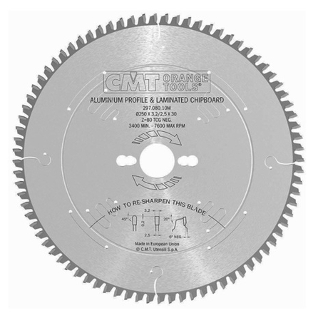 Диск пильный 250 x 30 x 3,2 / 2,5 -6° TCG Z=80 по цветным металлам и ламинированным панелям CMT 297.080.10M