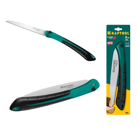 Новинка! Ножовка тип японский по дереву / пила складная KRAFTOOL Camp Fast 9, в сложенном виде 310 мм, полотно 250 мм, 9 TPI, сталь SK-5 для быстрого реза сырой древесины 15218