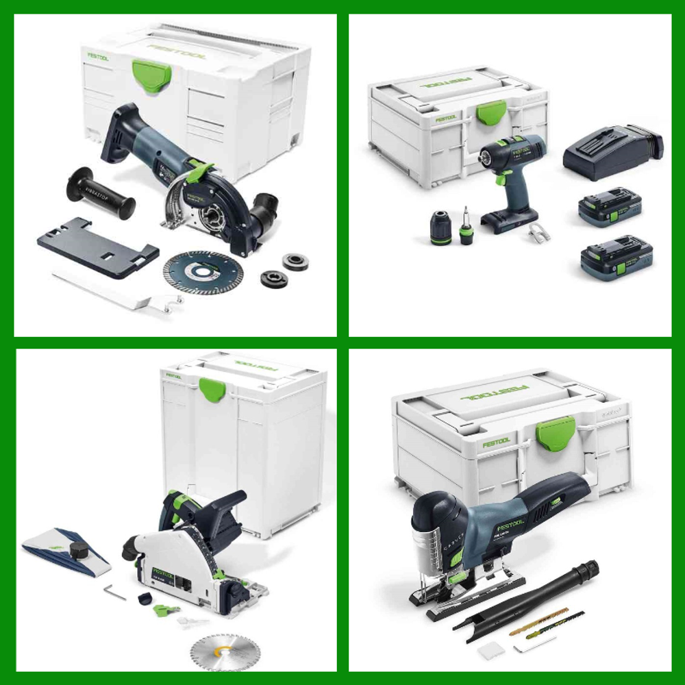 Новинка! Комплект аккумуляторный FESTOOL РАСШИРЕННЫЙ: Дрель - шуруповёрт T 18+3 HPC 4,0 I-Plus с двумя аккумуляторами, быстрозарядным устройством 576446, Погружная пила TSC 55 18/36 В KEB-Basic 576712, Маятниковый лобзик CARVEX PSC 420 18 В EB-Basic 576521, Алмазная ручная отрезная система с УШМ DSC-AGC 18-125 FH EB-Basic 576829 в систейнерах N0155-4AM