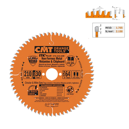 ЛЕТОМ НИЖЕ! Диск пильный по алюминию CMT 210 x 1,8 / 1,2 x 30 Z 64 TCG NEG минус 6 градусов, по цветным металлам и композитам 276.210.64M