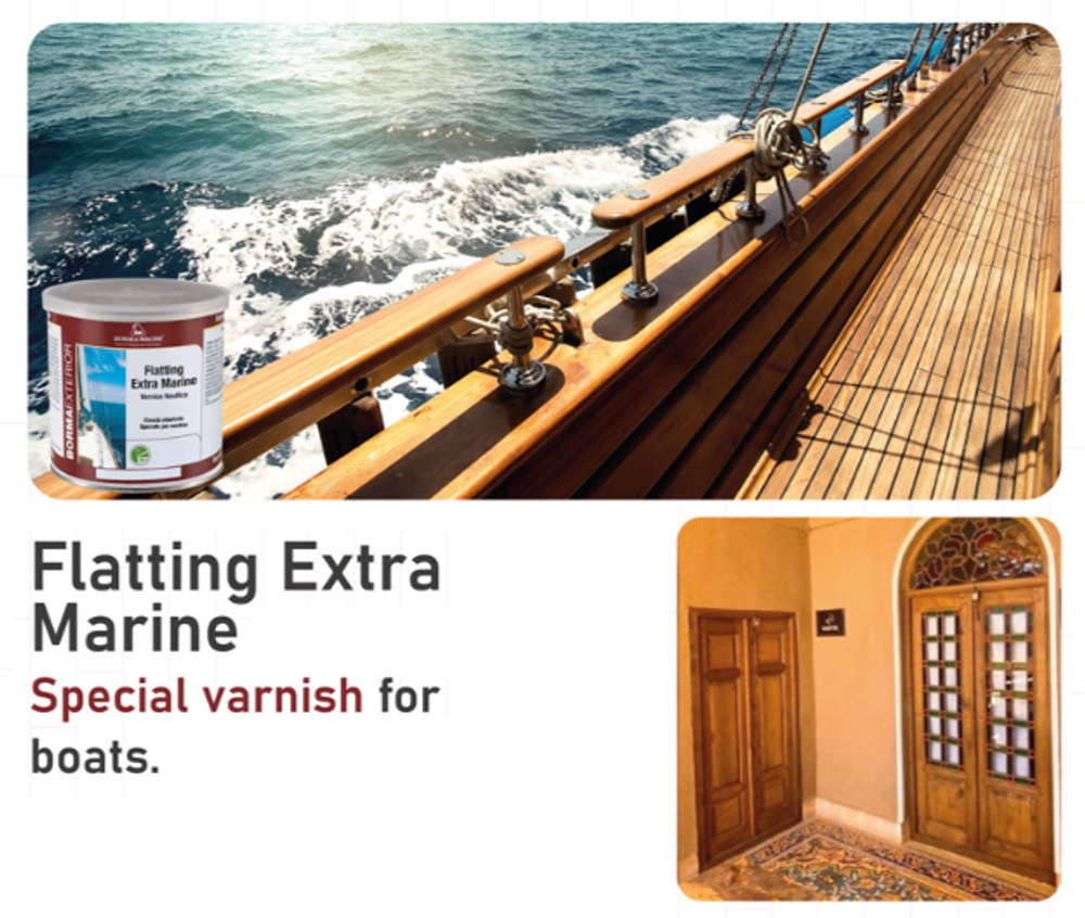 Новинка! Яхтный лак алкидно - уретановый 30 % Borma Flatting Extra Marine 0,375 л, глянцевый, высокоэластичный самогрунтующийся, для наружных и внутренних работ, отлично заполняет поры, для лодок, судов, палуб, обшивки яхт, деревянных настилов 3925-30