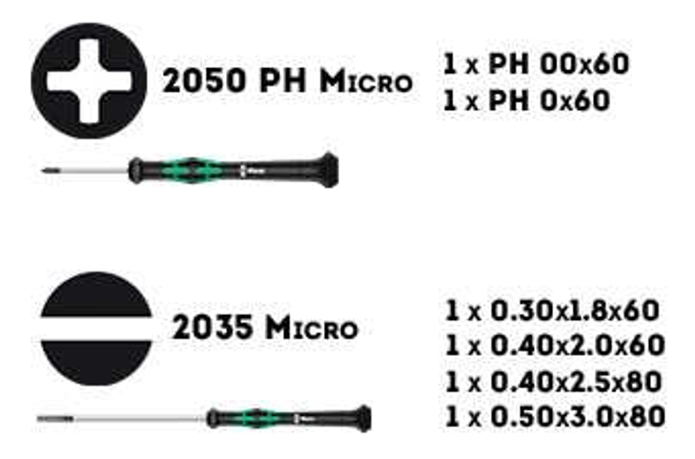 Новинка! Набор 6 предметов WERA Kraftform Micro ОТВЕРТКИ прецизионные + подставка PH 00 x 60 / 0 x 60, SL 0.30 x 1.8 для электроники, точных работ WE-118150