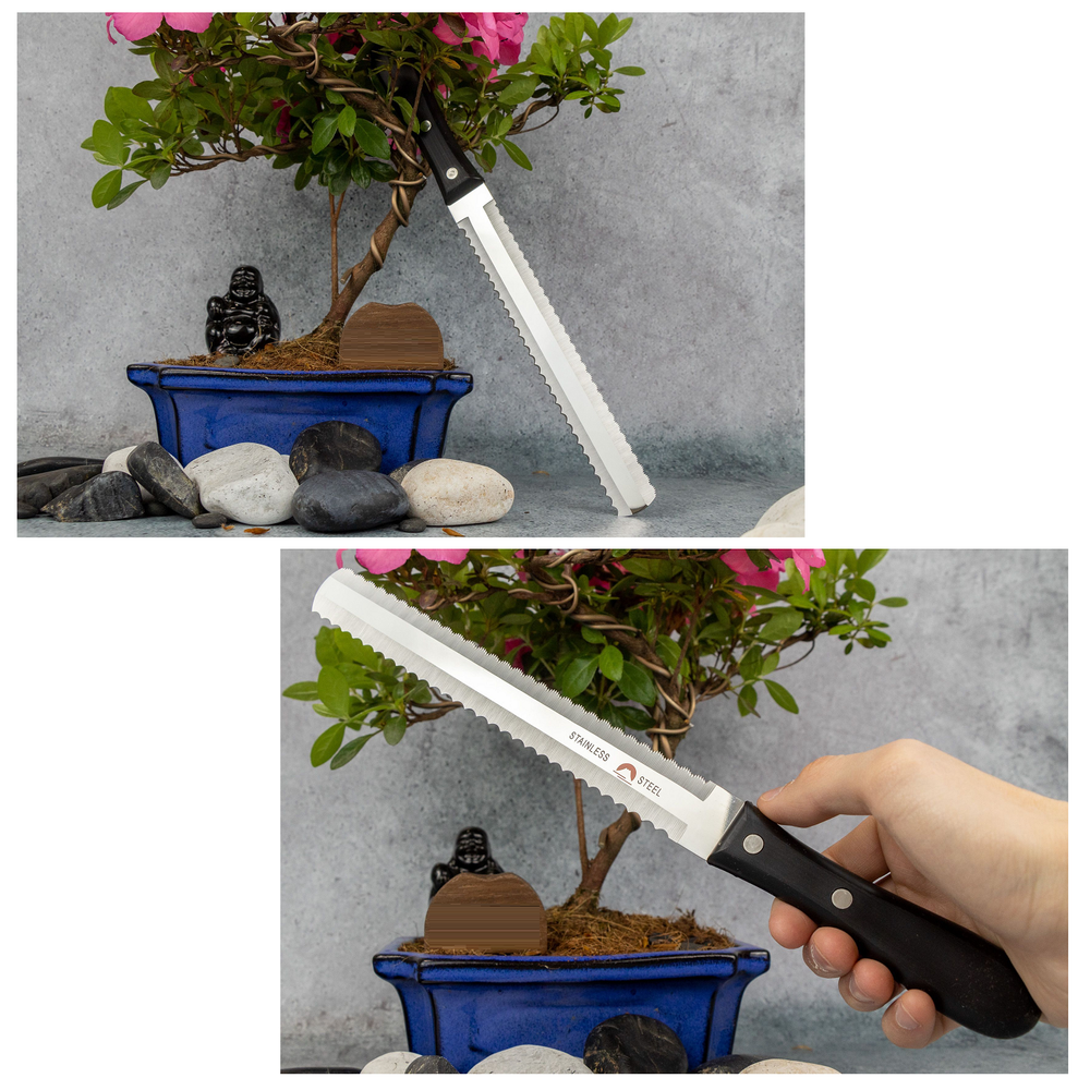 Новинка! Японский Кухонный нож TOJIRO FUJI CUTLERY Серия Special series для замороженных продуктов, костей, хрящей, длина ножа 315 мм, лезвия 190 мм, сталь Мо-V, рукоять термопластик, заточка серрейтор FG-3400