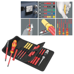 АКЦИЯ 2025! Набор 18 предметов WERA Kraftform Kompakt VDE 18 Universal 1 Tool Finder: Ручка-держатель 817 VDE Kraftform, 12 сменных отвёрток VDE с идентификатором инструментов Take it easy, лазерная гравировка размера, 4 ключа для распределительных шкафов, 1 однополюсный тестер фазного напряжения, в поясной сумке WE-006613