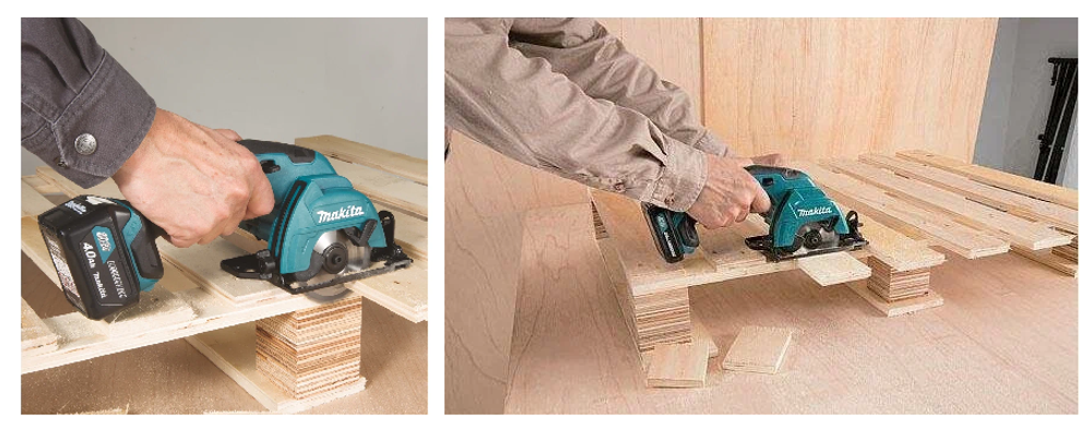 Новинка! КОМПЛЕКТ Аккумуляторная дисковая пила Makita CXT 12В, ДВА Аккумулятора 4.0 Ач, Зарядное устройство, Кейс. Диск 85/15 мм, с функцией обдува линии реза. Распиловки заготовок толщиной до 25,5 мм. Наклонный рез до 45 градусов HS301DWME