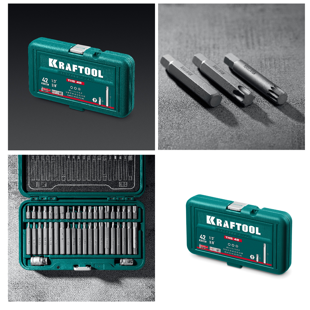 Новинка! Набор специальных бит 42 шт. KRAFTOOL THS-42, HEX, TX, SPLINE, хвостовик 10 мм под квадрат 1/2" 26554