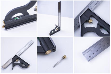 Новинка! Угольник комбинированный GOLDRATIO 300 мм, подошва подвижная, в подошву встроен пузырьковый уровень и чертилка, для измерения и разметки углов 90 и 45 градусов М00003479