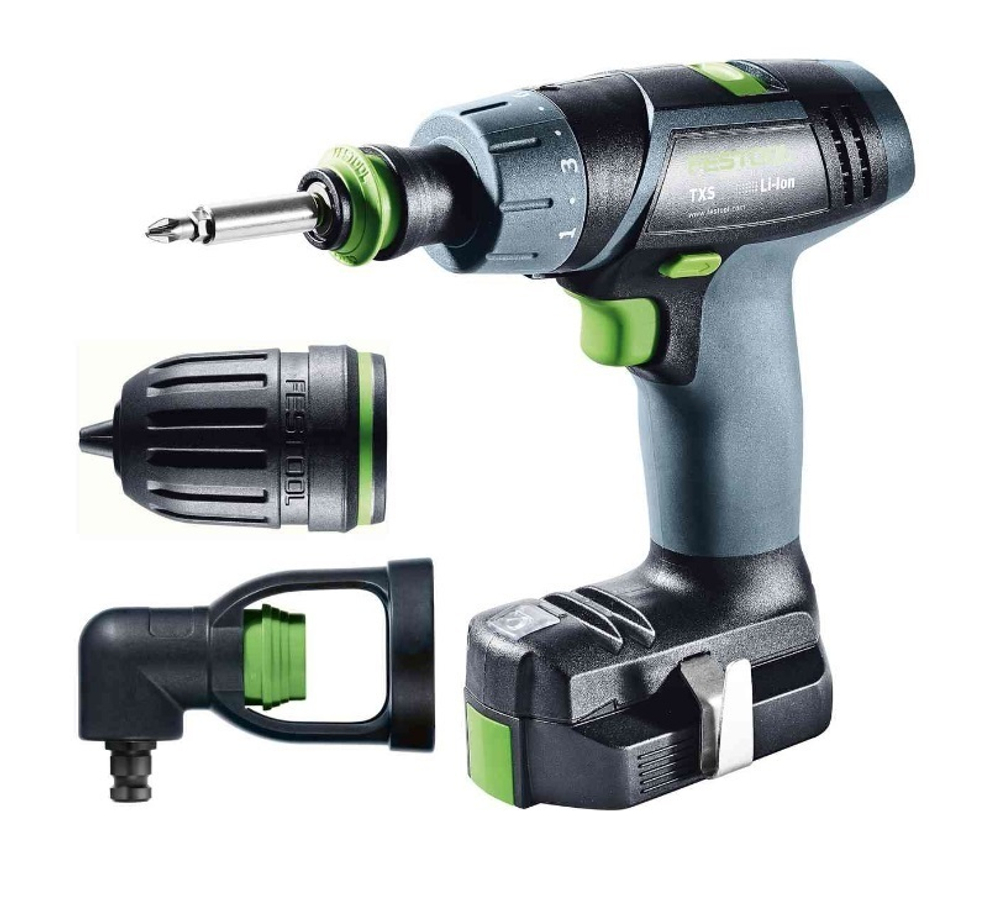 Аккумуляторная дрель - шуруповёрт с 2 шт Аккумуляторами BP-XS 2.6 Ah Li-Ion 10,8 В, Зарядным устройством MXC, Угловой насадкой XS-AS в систейнере FESTOOL TXS 2,6-Set 576102