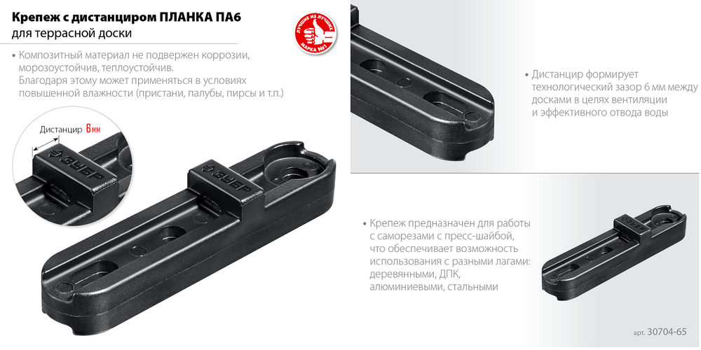 Новинка! Крепеж для фасадной и террасной доски Планка Профессионал ПА6 80 шт. Zubr композитный материал, 65 мм 30704-65