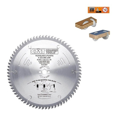 Диск пильный 250 x 30 x 2,8 / 2,2 - 3 градус MATB Z 80 для ПВХ и оргстекла, ламината CMT 222.080.10M