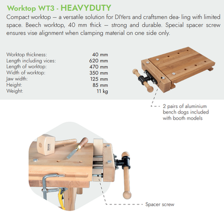 Новинка! Чешский верстак PINIE HeavyDuty накладной столярный деревянный 620 х 350 х 85 мм, столешница из массива бука 40 мм, 1 тиски York, 8 отверстий 20 мм под фиксаторы WT3D20