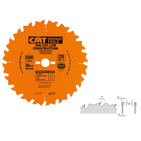 Новинка! Диск пильный CMT 300 x 30 x 2,8 / 1,8 15 гр. 5 гр. ATB Z 20 для пиления древесины на стройплощадке 286.020.12M