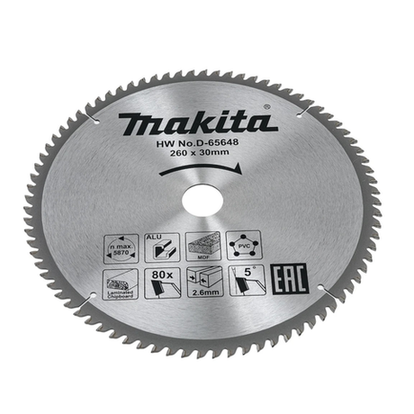 Новинка! Диск пильный универсальный для алюминия, дерева, МДФ, ПВХ 260 x 30 x 80T Makita D-65648