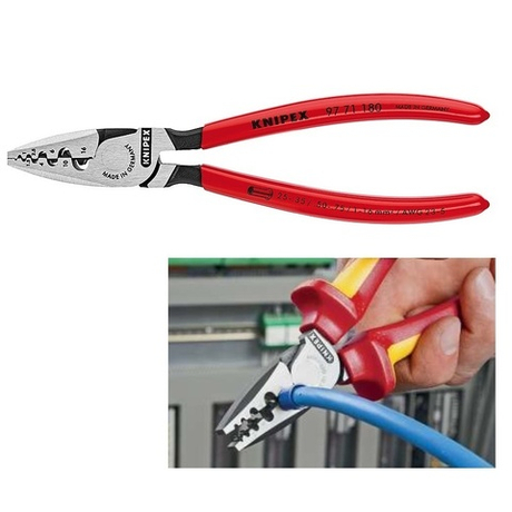 Ручной обжимник 180 мм (Пресс-клещи), 9 гнёзд, контактные гильзы DIN 46228 1+4, 0.25 - 16 мм2, обливные ручки KNIPEX KN-9771180