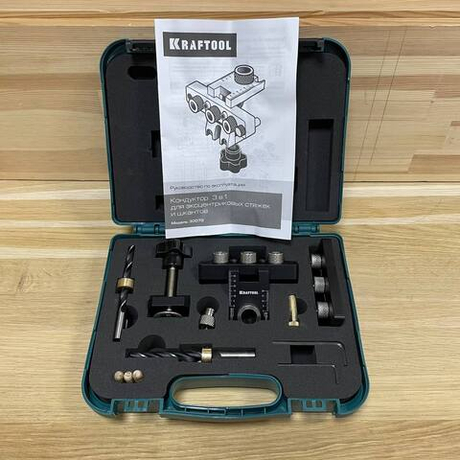 ХИТ! Кондуктор KRAFTOOL Woodsniper 101, 3-в-1 для эксцентриковых стяжек и шкантов при изготовлении угловых соединений деревянных деталей, в кейсе 30072