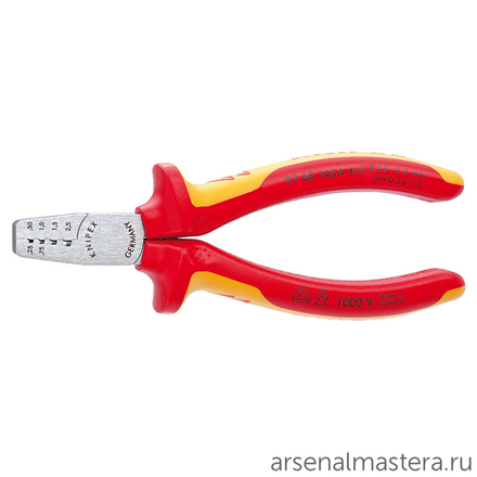 Пресс-клещи VDE 145 мм, 4 гнезда, контактные гильзы DIN 46228 1+4, 0.25 - 2.5 мм2, 2-комп диэлектрич KNIPEX KN-9768145A