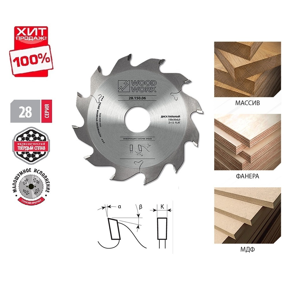 ХИТ! Пильный диск для пазов 150 х 6 х 30H х 12T Woodwork 28.150.06