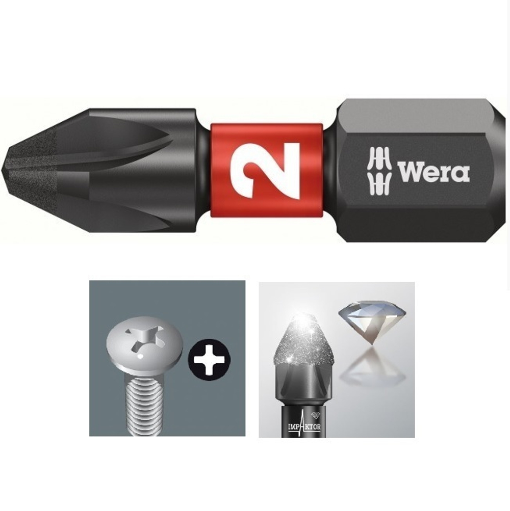ХИТ! Бита ударная, алмазное покрытие Phillips PH2/25 Мм 851 / 1 IMP DC Impaktor WERA WE-057616