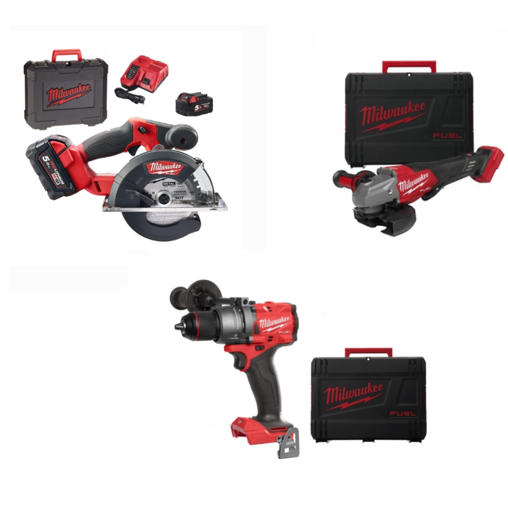 Новинка! Комплект аккумуляторный MILWAUKEE БАЗОВЫЙ: Дрель - шуруповерт M18 FUEL FDD3-0X 4933479862, Циркулярная пила по металлу с двумя аккумуляторами и зарядным устройством 4933459193, УШМ M18 FHSAG125 XPDB2-0X FUEL 4933493417 в кейсах N0159-3AM
