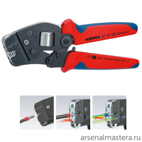 Пресс-клещи 190 мм для контактных гильз (ОБЖИМНИК ручной) DIN 46228 1+4, обжим: квадрат, торцевые, 1 гнездо, 0.08-10 мм2 97 53 08 KNIPEX KN-975308