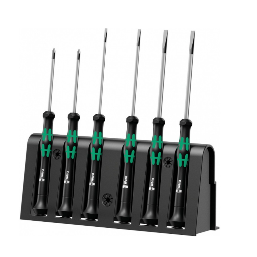 Новинка! Набор 6 предметов WERA Kraftform Micro ОТВЕРТКИ прецизионные + подставка PH 00 x 60 / 0 x 60, SL 0.30 x 1.8 для электроники, точных работ WE-118150