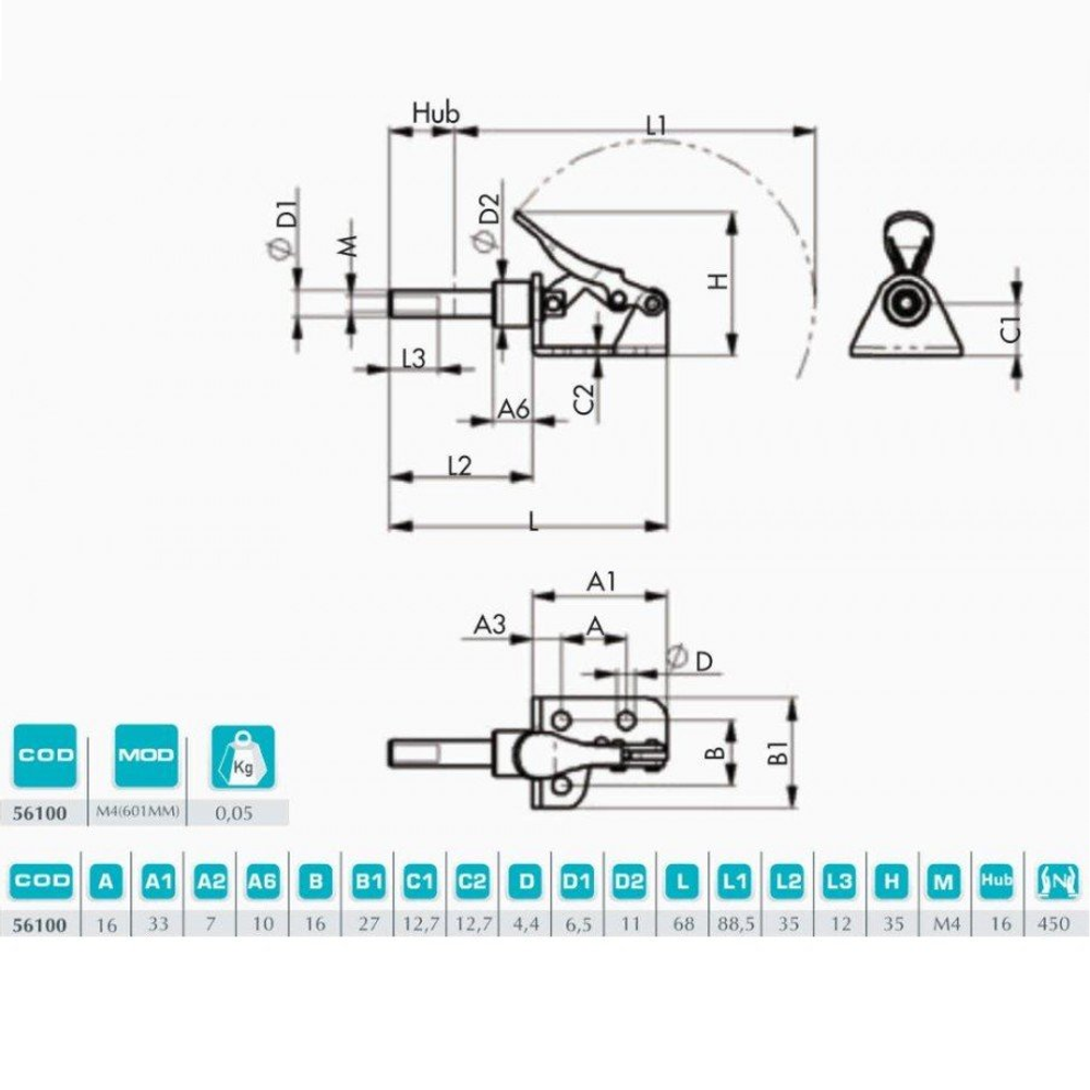 Новинка! Прижим (упор) Piher Toggle Clamp Push-Pull сила прижима 450Н (45 кг) M4 с подставкой. Прижимное устройство с открытым зажимным рычагом 56100 М00006372